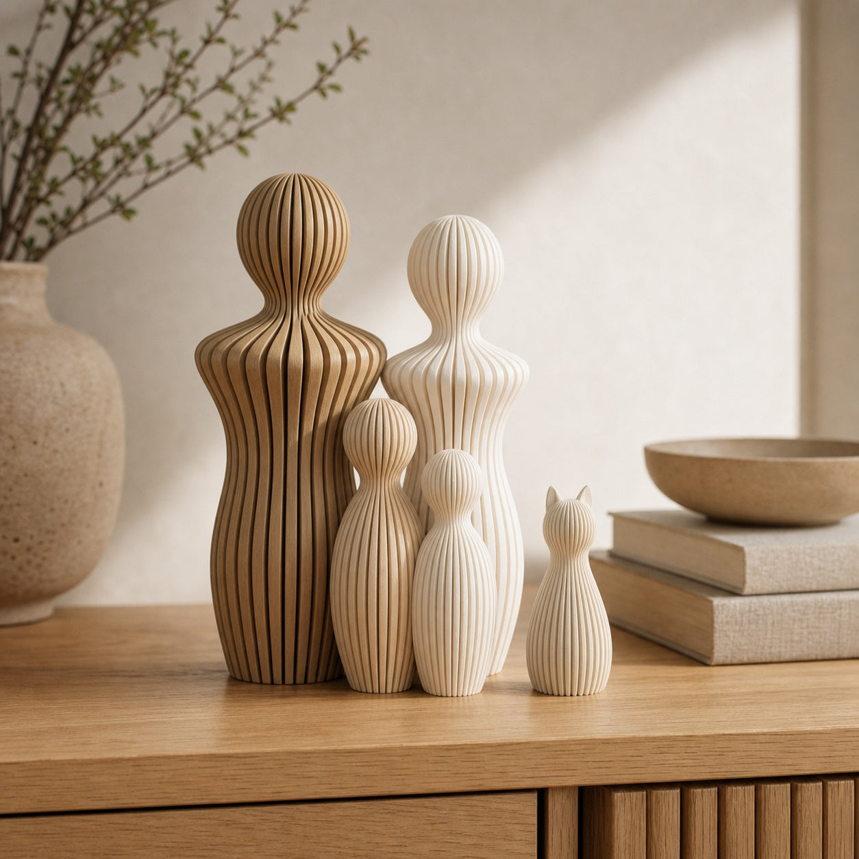 Freja familiefigur med matchende kattestatue på en reol