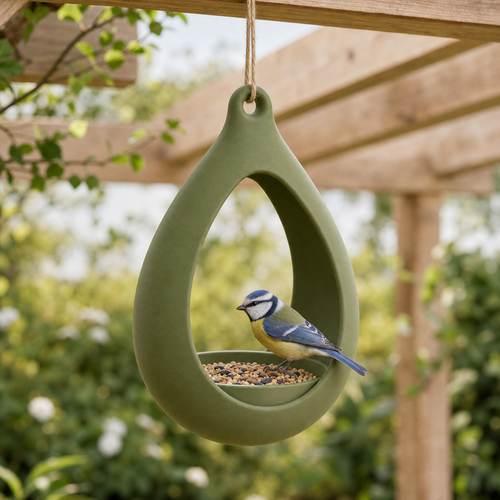 Draabe minimalistisk fuglefoderhus i Olive Green med blaamejse