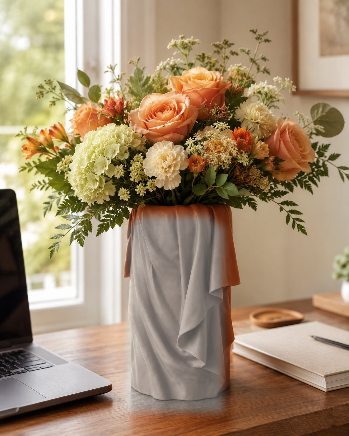Falda draperet vase i Ivory white paa skrivebord med blomster