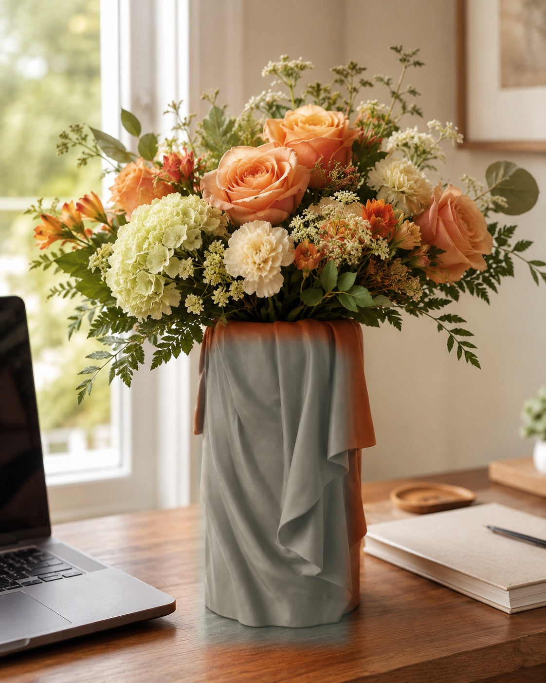 Falda draperet vase i Olive Green paa skrivebord med blomster