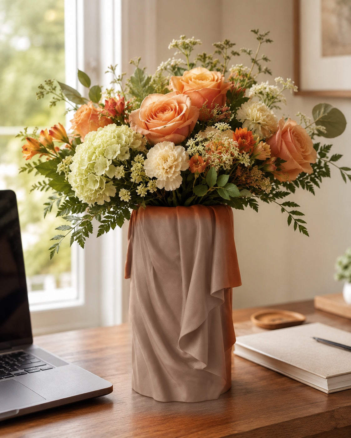 Falda draperet vase i Orange paa skrivebord med blomster