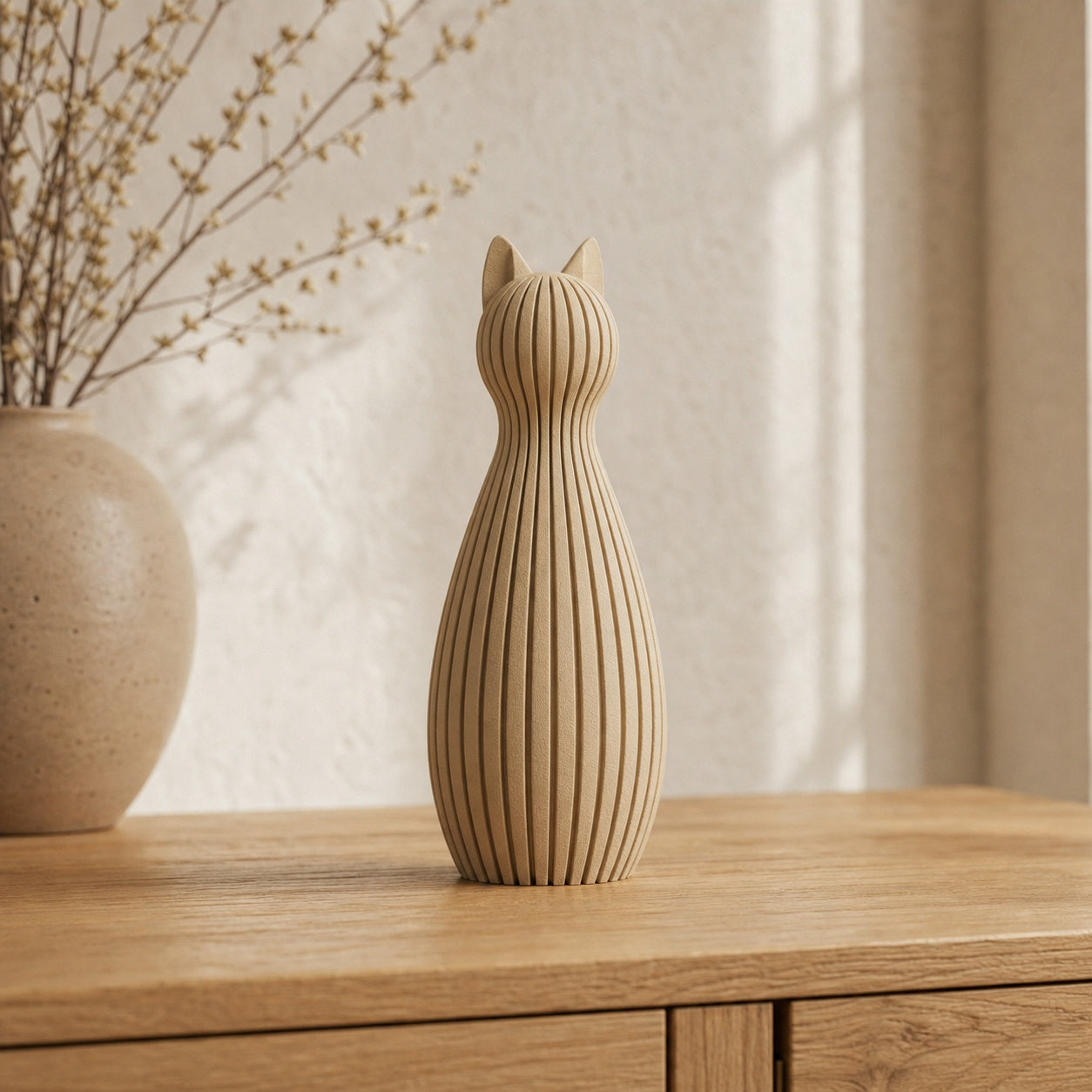 Kattestatue i et roligt Japandi hjem