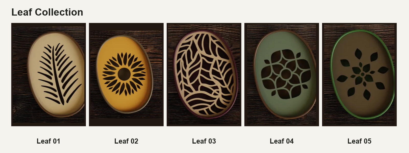 Leaf 01 til Leaf 05 med tydelige designnumre