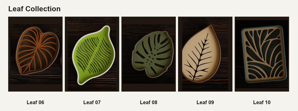 Leaf 06 til Leaf 10 med tydelige designnumre