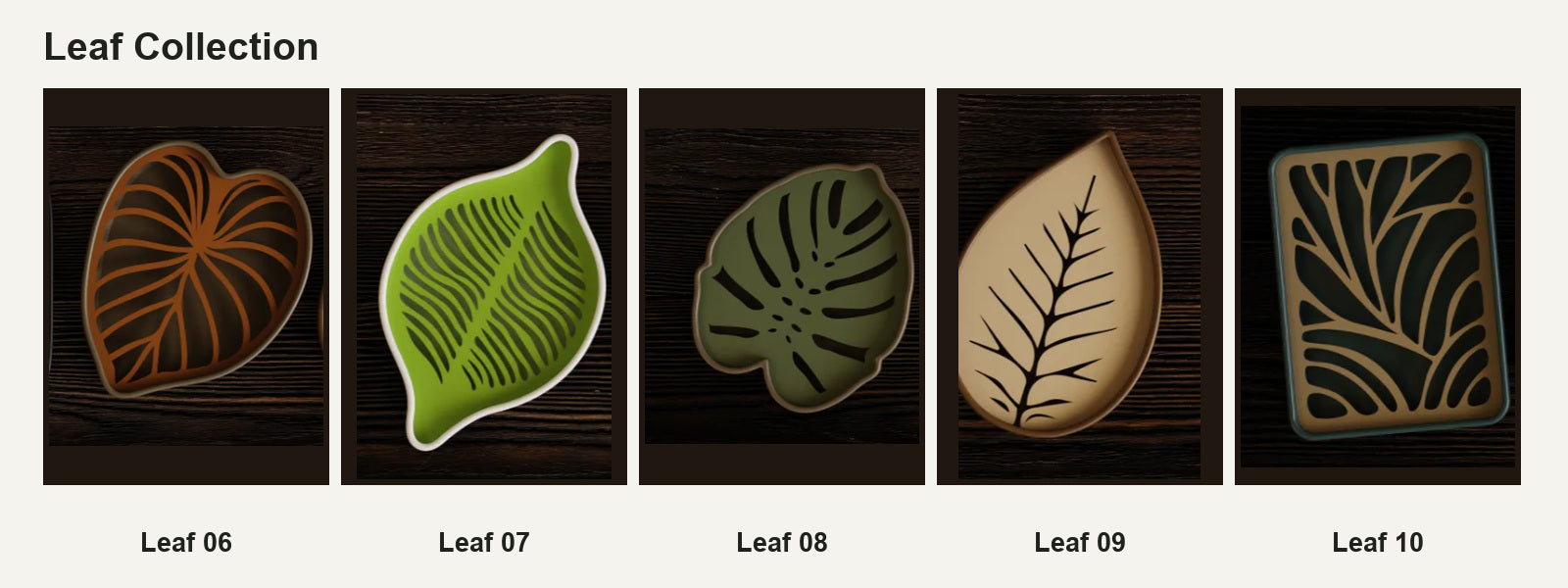 Leaf 06 til Leaf 10 med tydelige designnumre