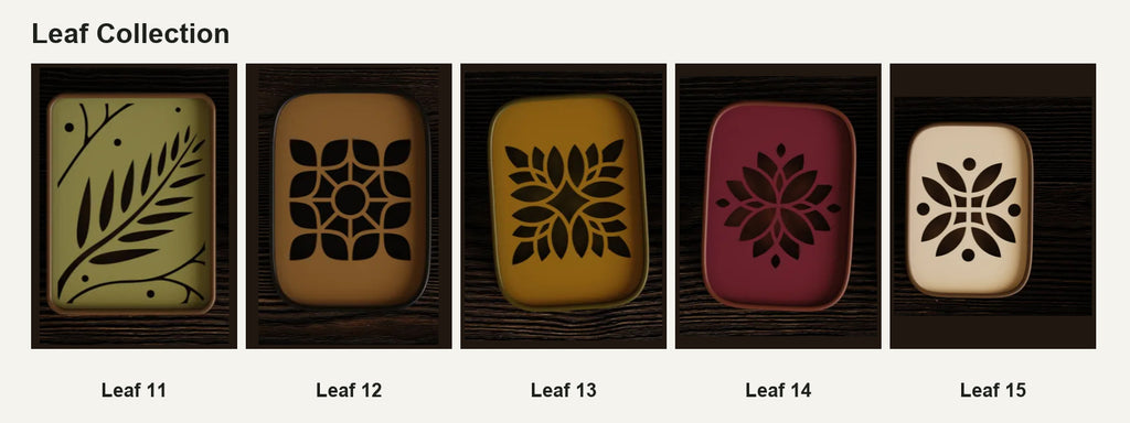 Leaf 11 til Leaf 15 med tydelige designnumre
