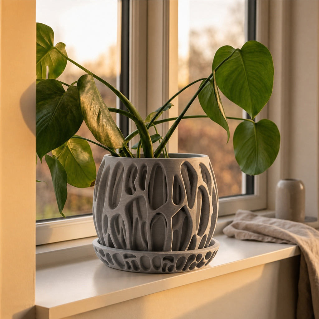 Moor organisk plantepotte med underskÃ¥l i Ash Grey