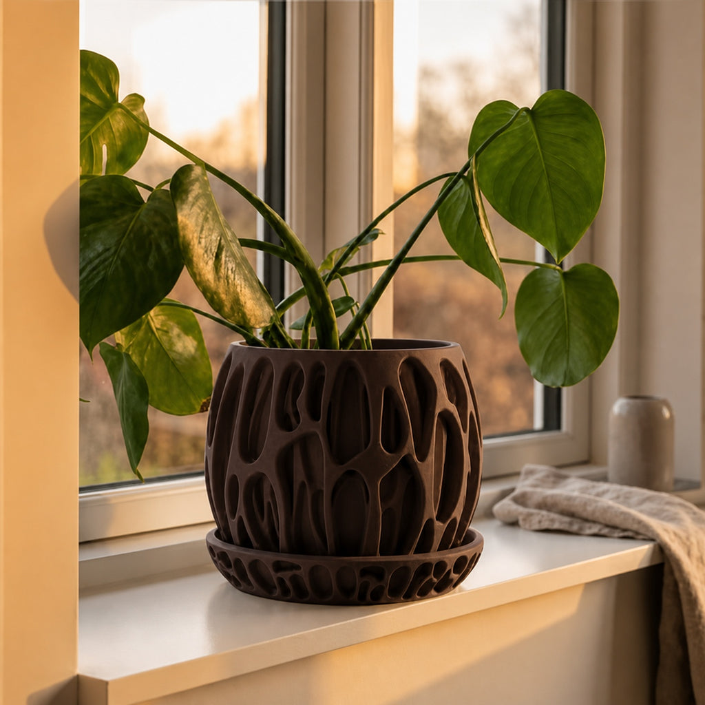 Moor organisk plantepotte med underskÃ¥l i Walnut Wood