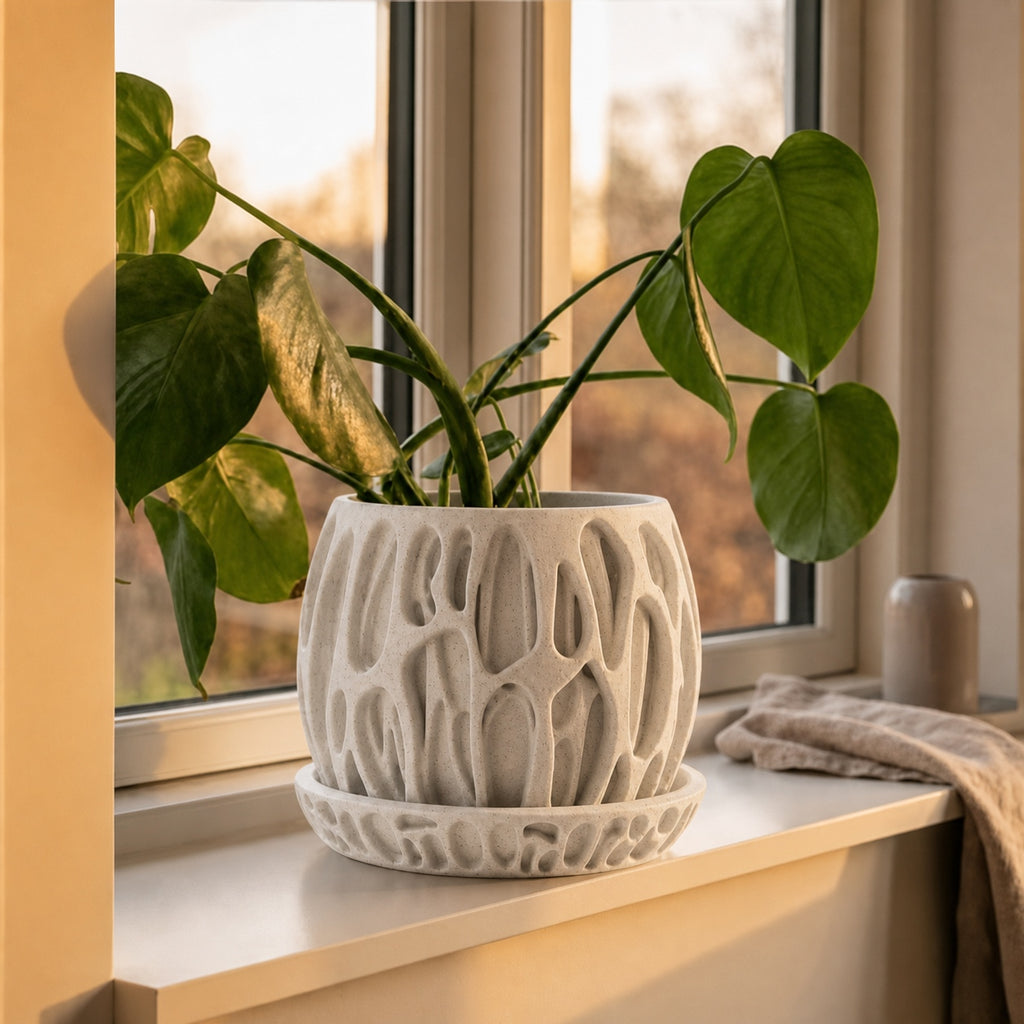 Moor organisk plantepotte med underskÃ¥l i prikket White Marble PLA
