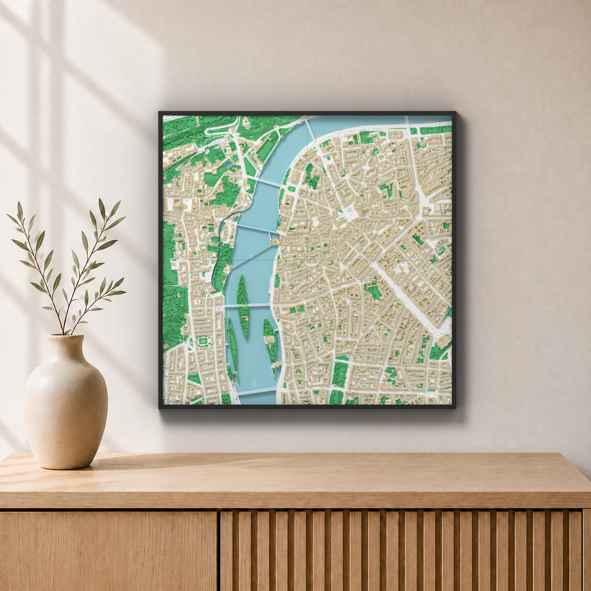 Prag · 44 × 44 cm · Farvet 3D-bykort