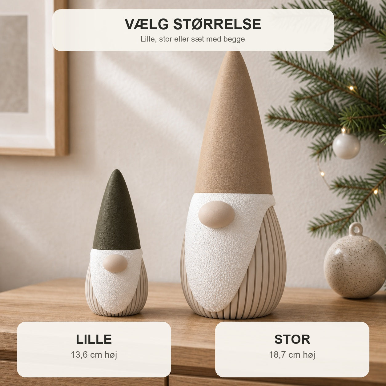 Størrelsesguide: lille 13,6 cm og stor 18,7 cm