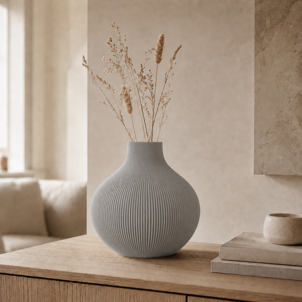Rifla tekstureret vase i Ash Grey i lys nordisk stue