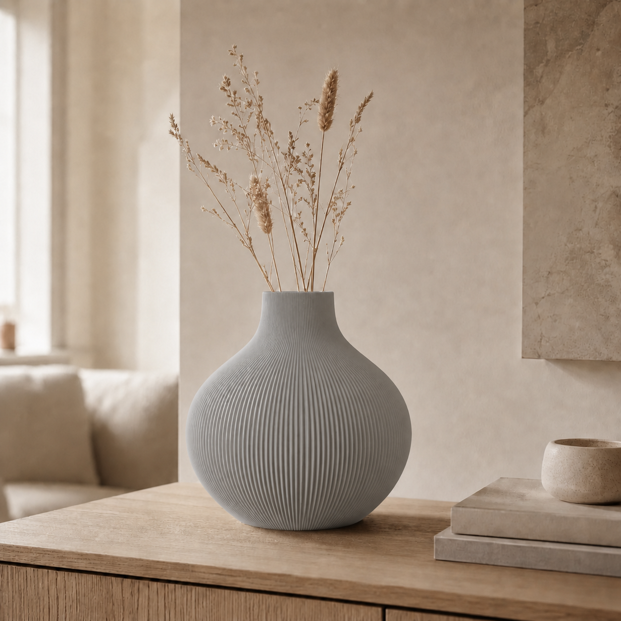 Rifla tekstureret vase i Ash Grey i lys nordisk stue