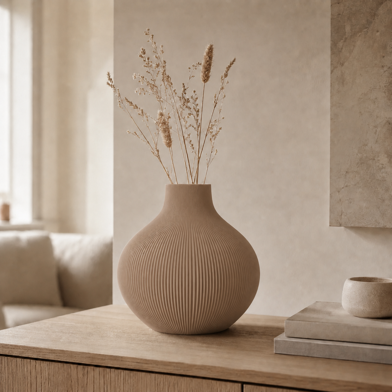 Rifla tekstureret vase i Latte Brown i lys nordisk stue