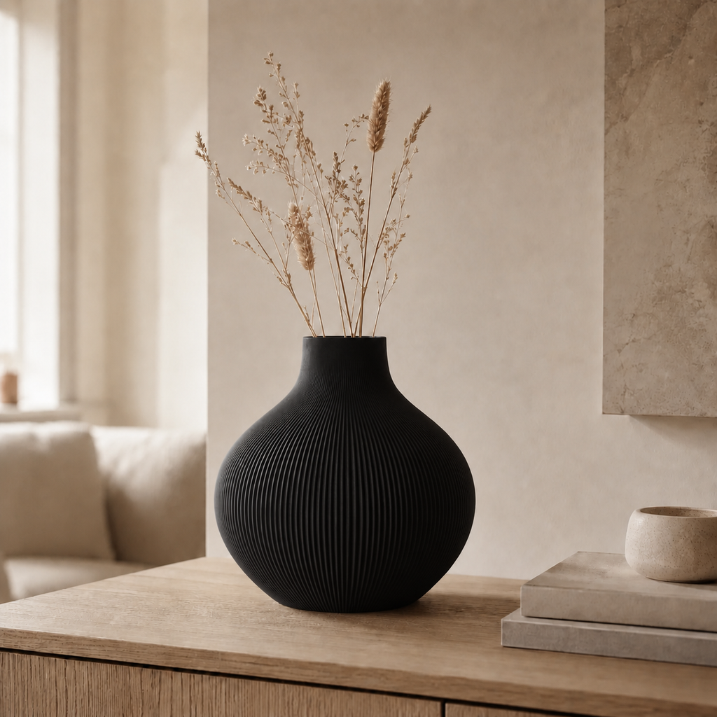 Rifla tekstureret vase i Midnight Black i lys nordisk stue