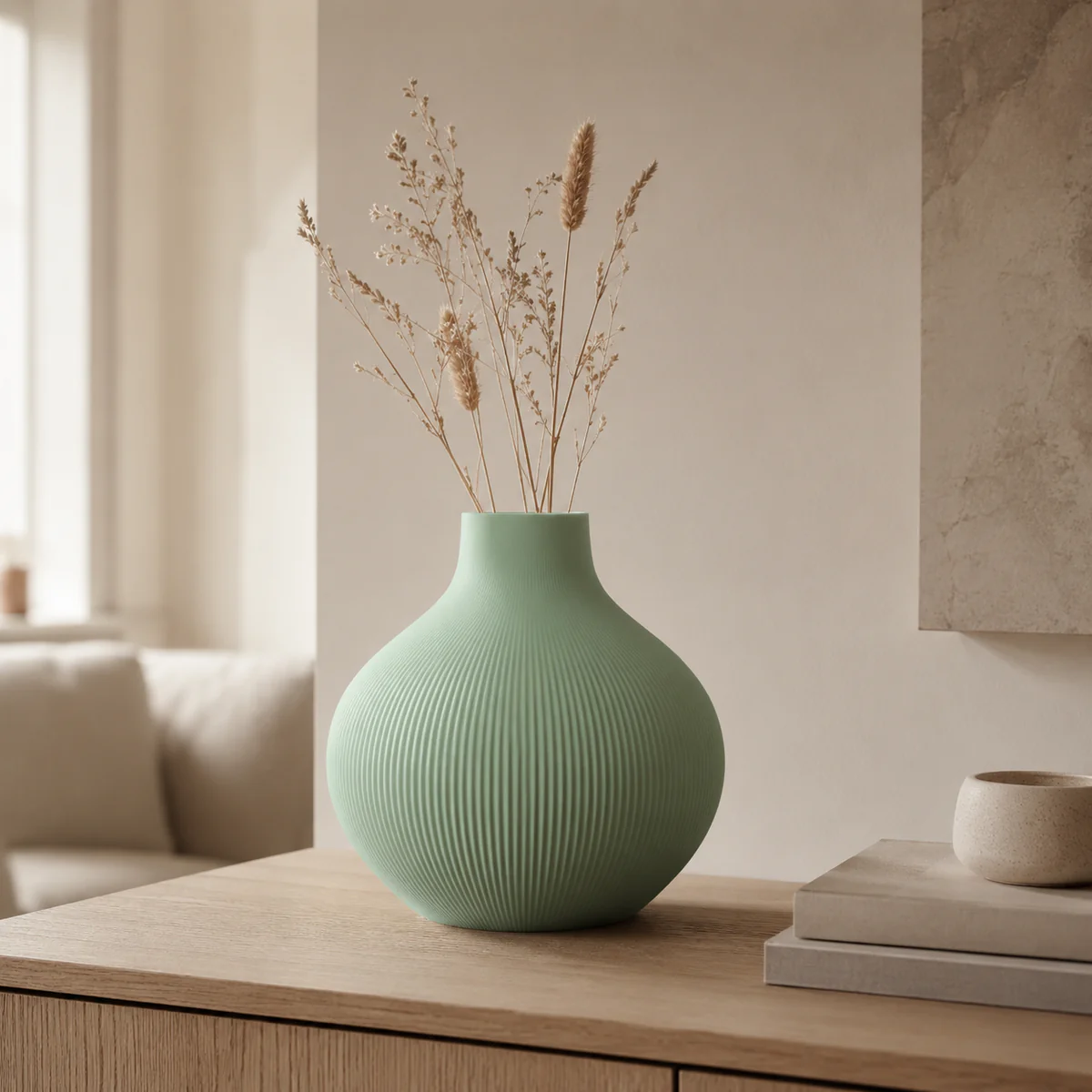 Rifla tekstureret vase i Sage Green i lys nordisk stue