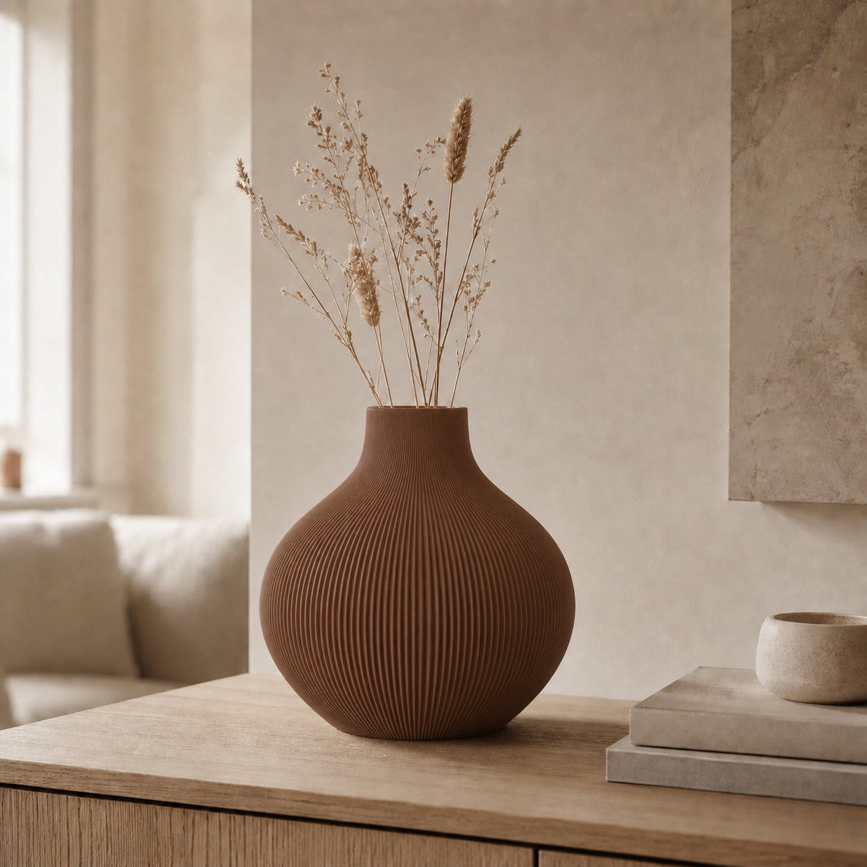 Rifla tekstureret vase i Walnut Wood i lys nordisk stue