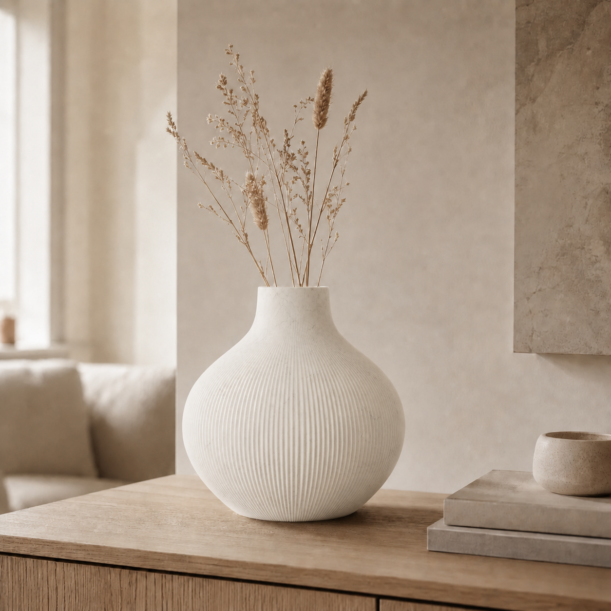 Rifla tekstureret vase i White Marble i lys nordisk stue