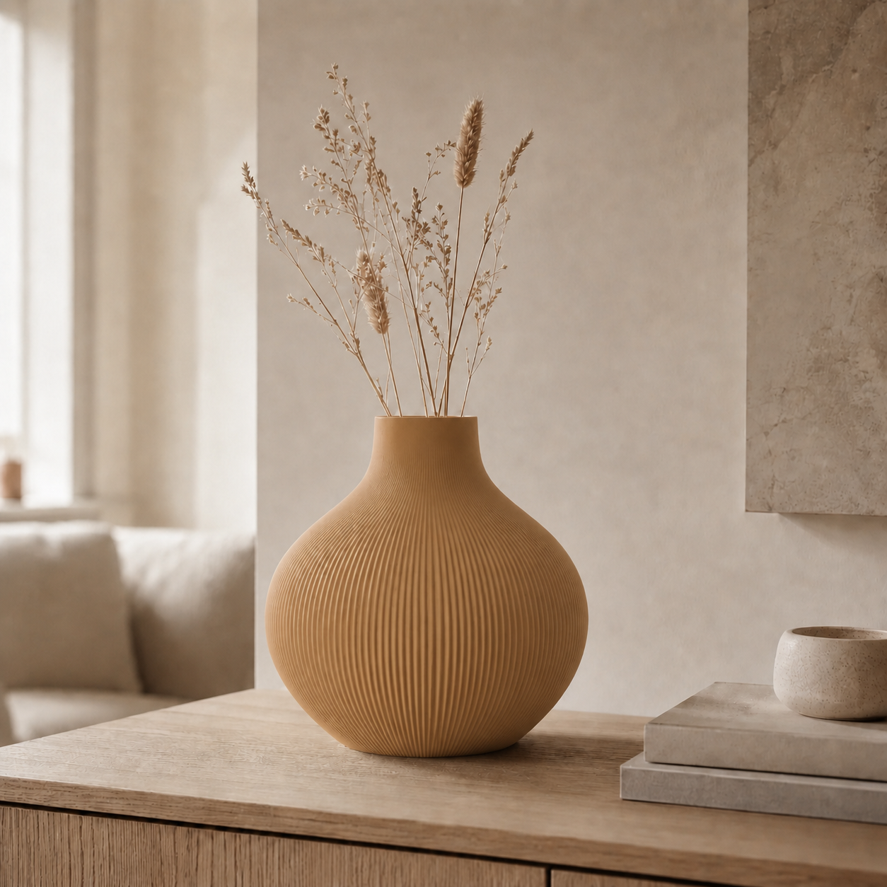 Rifla tekstureret vase i Wood i lys nordisk stue