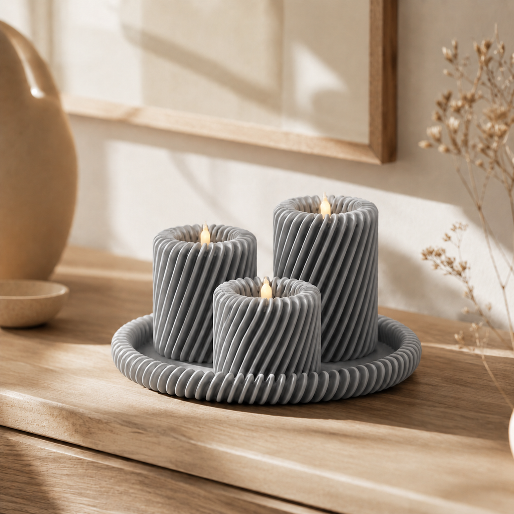 Rille - 3 lysholdere med matchende bakke - Ash Grey
