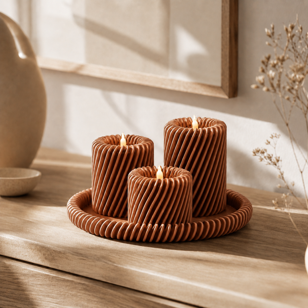 Rille - 3 lysholdere med matchende bakke - Copper Brown Metallic