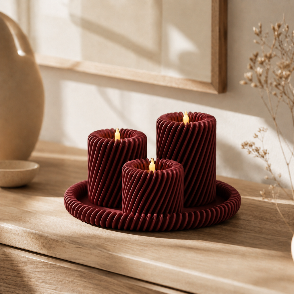 Rille - 3 lysholdere med matchende bakke - Dark red