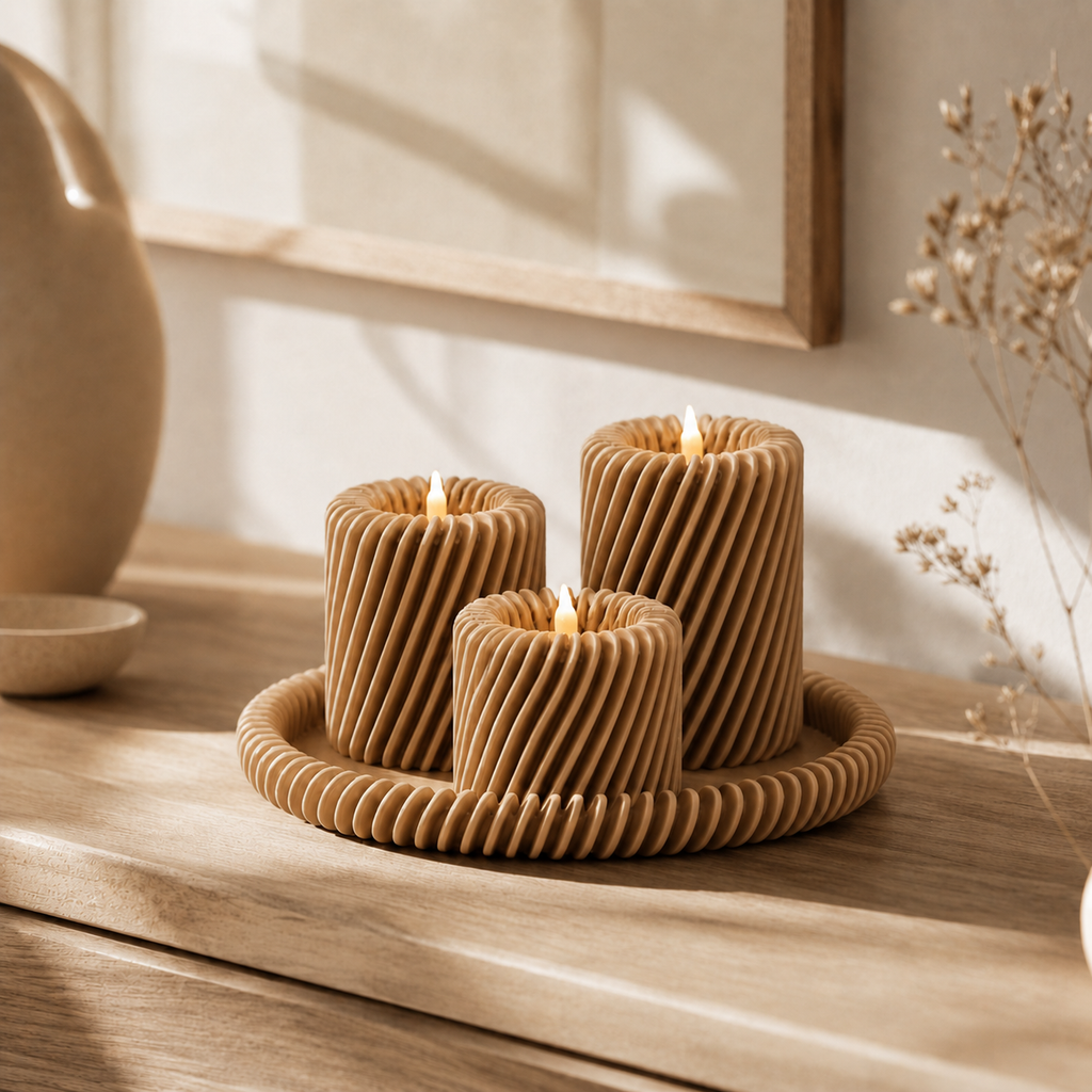 Rille - 3 lysholdere med matchende bakke - Desert Tan