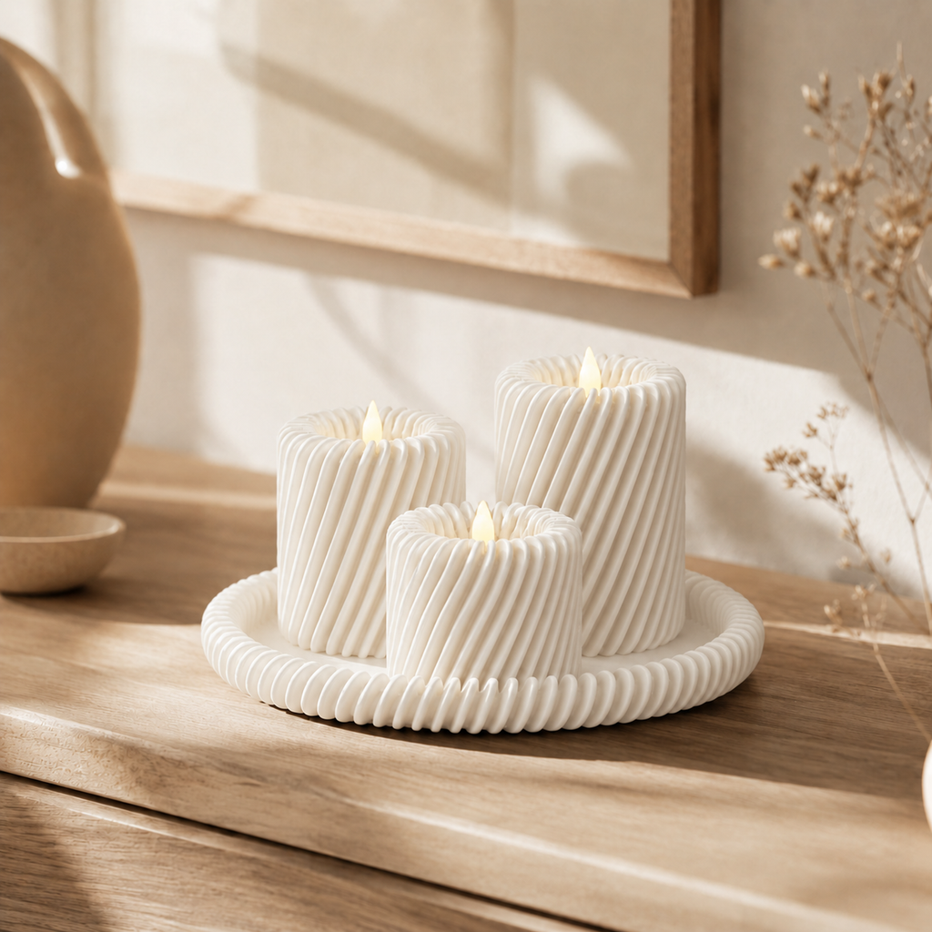 Rille - 3 lysholdere med matchende bakke - Ivory white