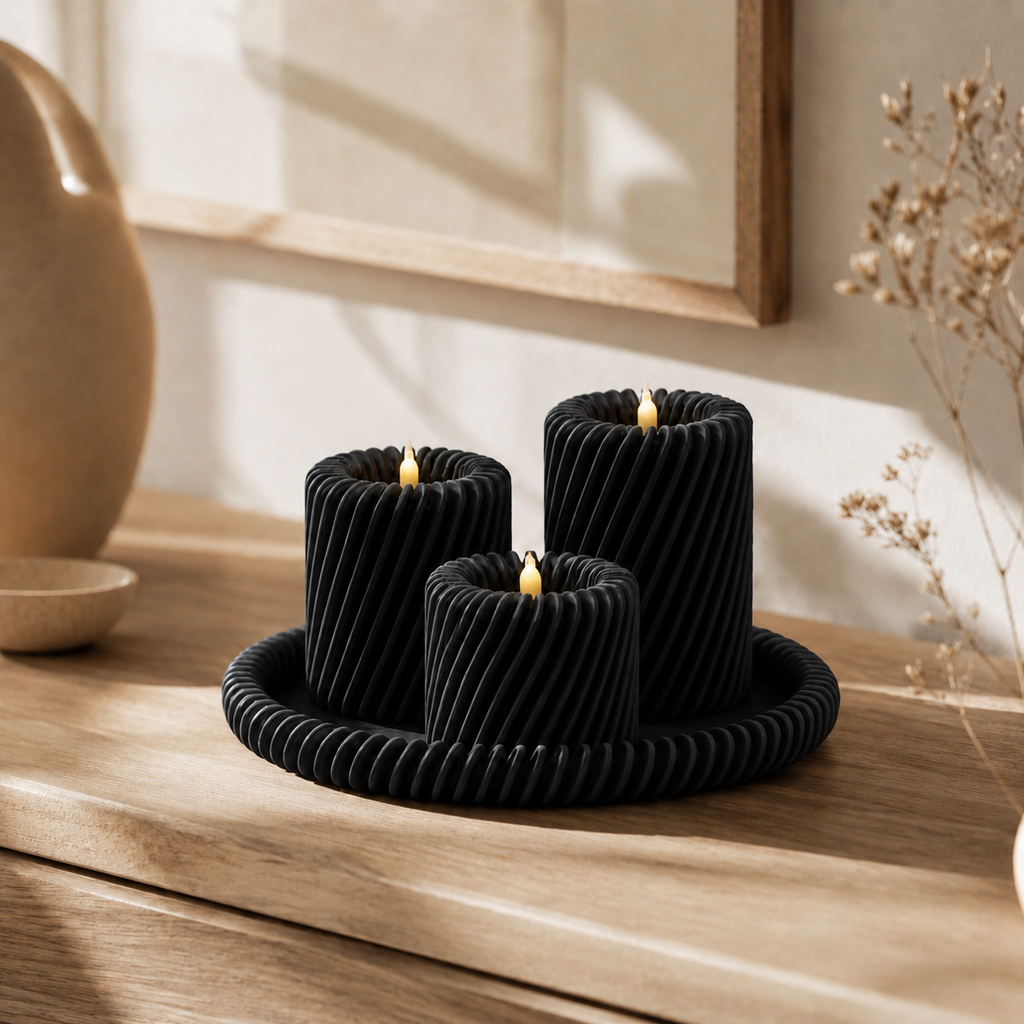 Rille - 3 lysholdere med matchende bakke - Midnight Black