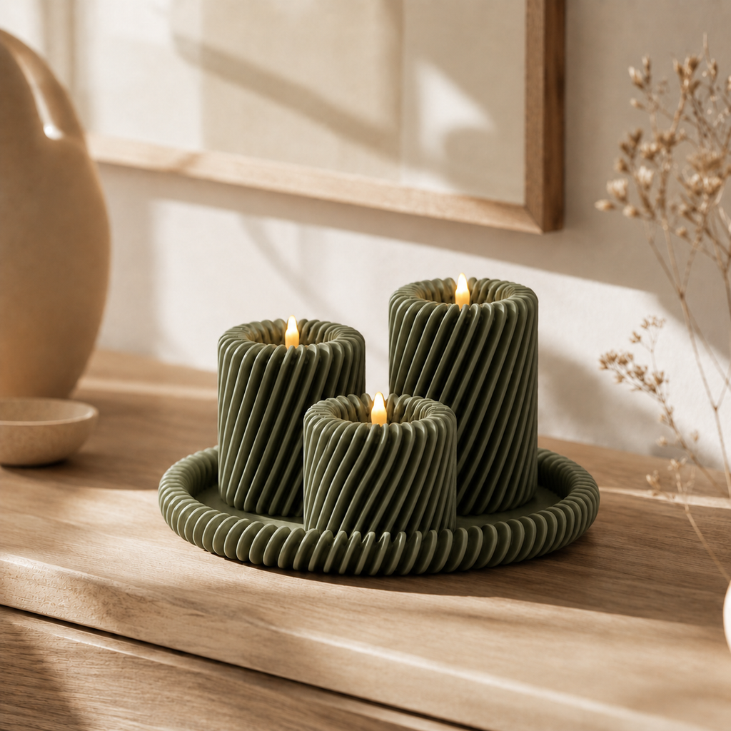 Rille - 3 lysholdere med matchende bakke - Olive Green