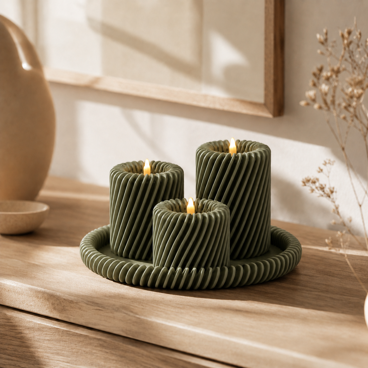 Rille - 3 lysholdere med matchende bakke - Olive Green