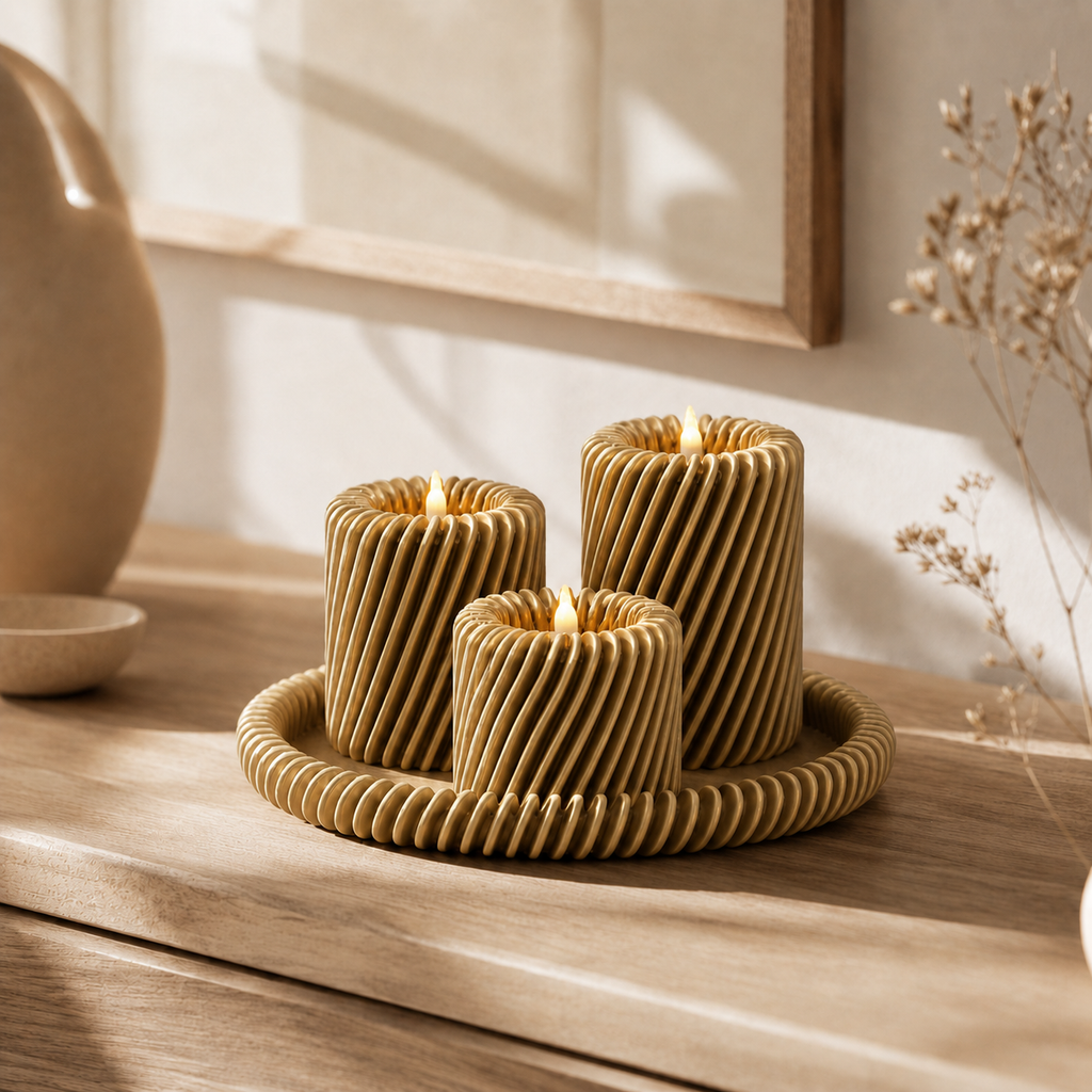 Rille - 3 lysholdere med matchende bakke - Silk Gold