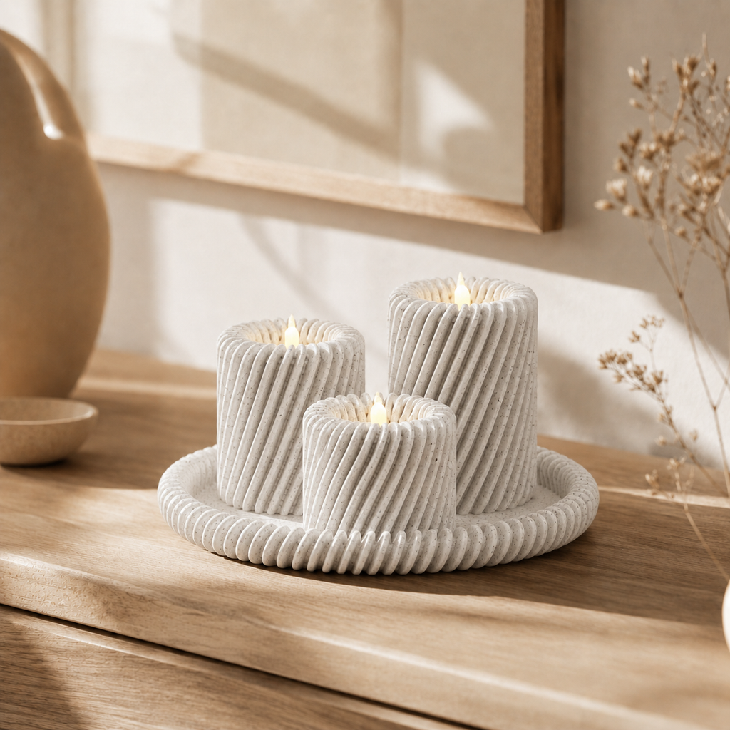 Rille - 3 lysholdere med matchende bakke - White Marble