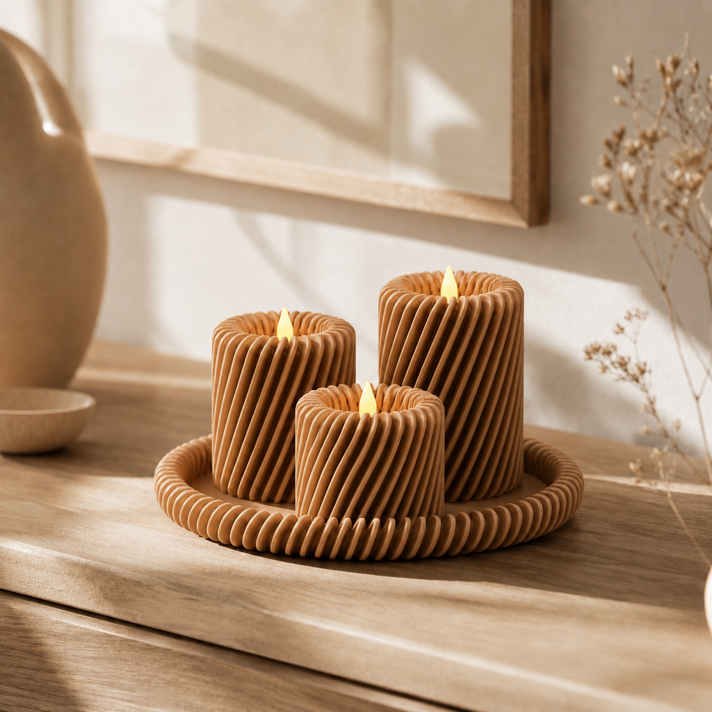 Rille - 3 lysholdere med matchende bakke - Wood