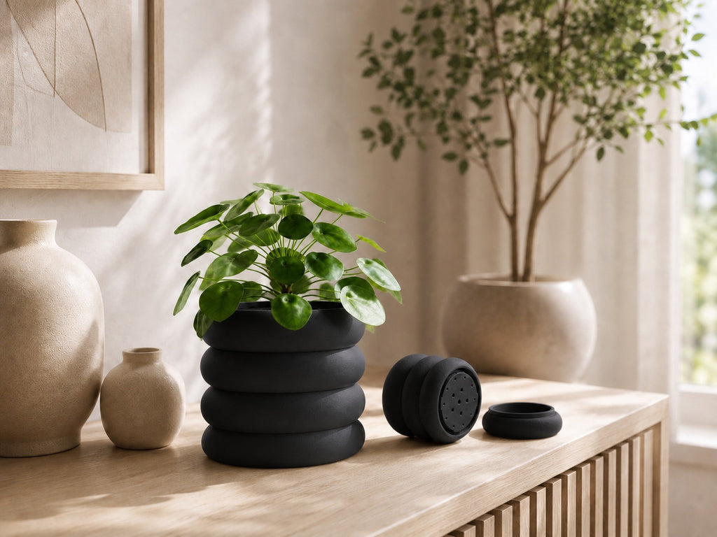 Ringa plantepotte med draenbund i Midnight Black