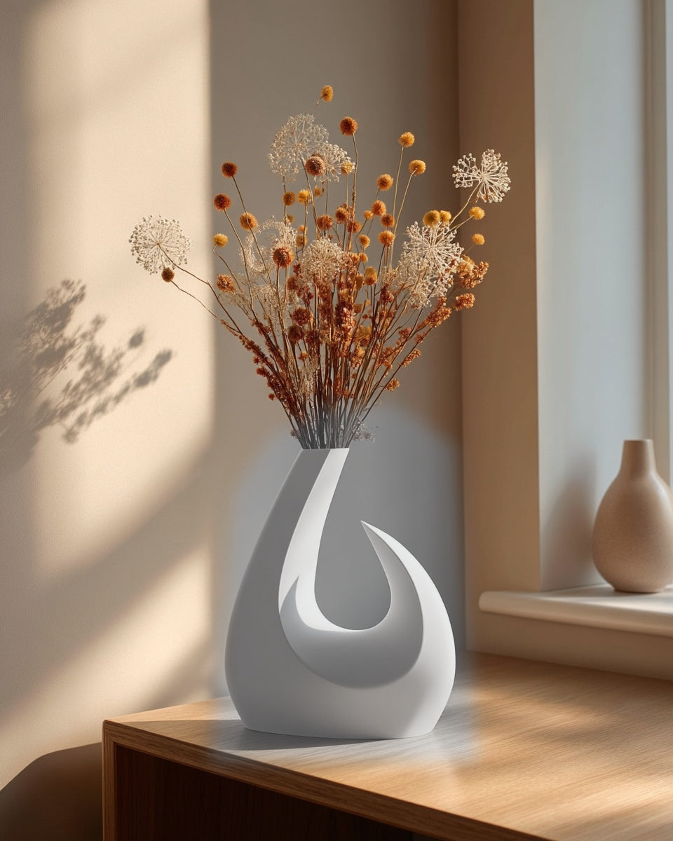 Saga arc vase i Ash Grey paa lyst traebord i nordisk stue