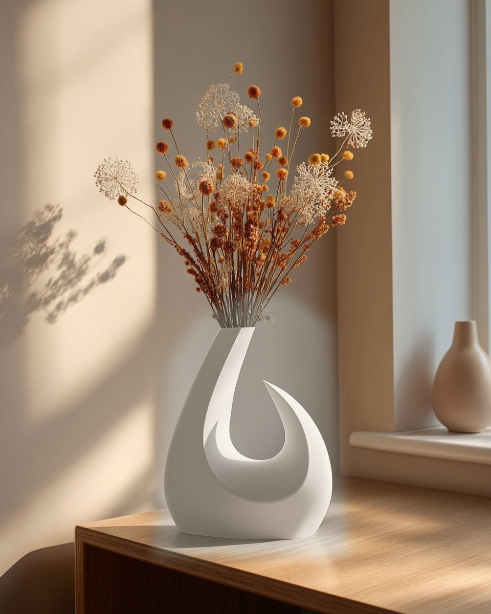 Saga arc vase i Desert Tan paa lyst traebord i nordisk stue