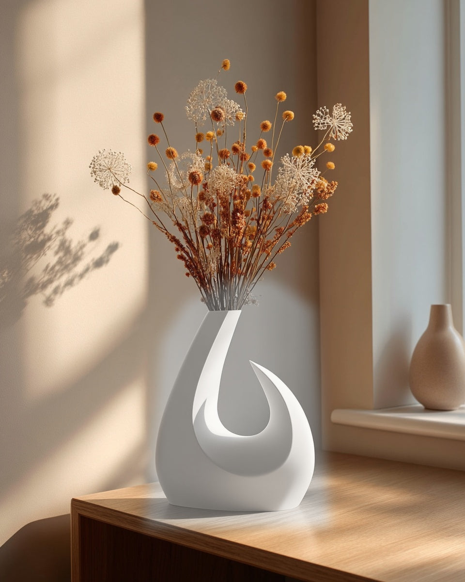 Saga arc vase i Ivory white paa lyst traebord i nordisk stue