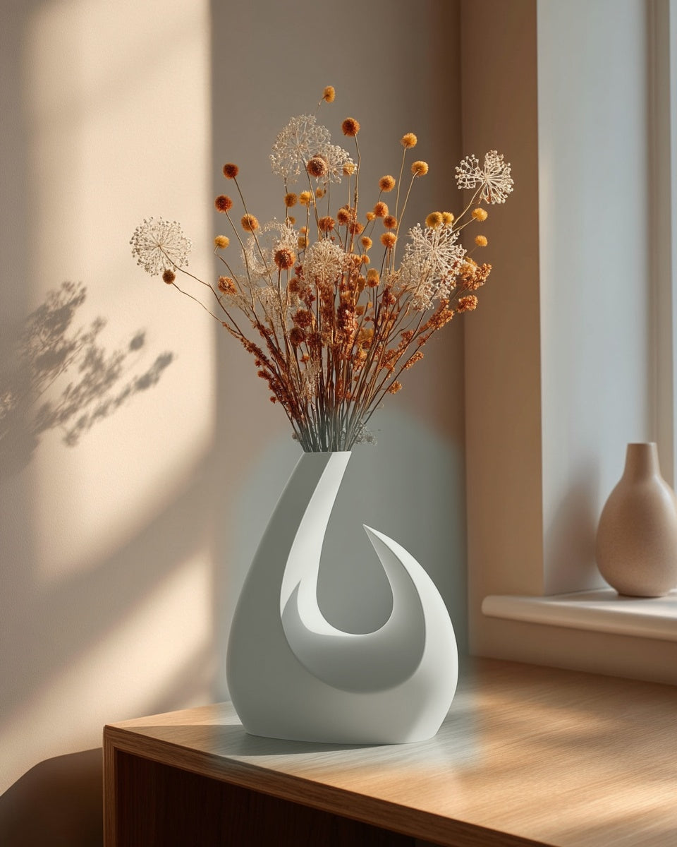 Saga arc vase i Olive Green paa lyst traebord i nordisk stue