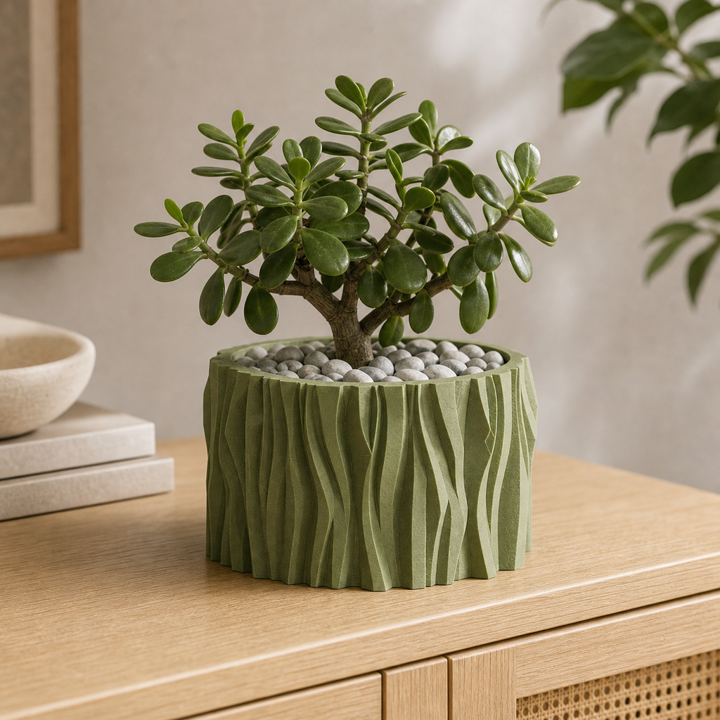 Stubbe boelget plantepotte i Olive Green med lille plante