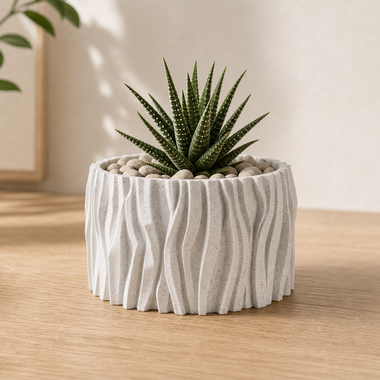 Stubbe boelget plantepotte i White Marble PLA med prikket filament