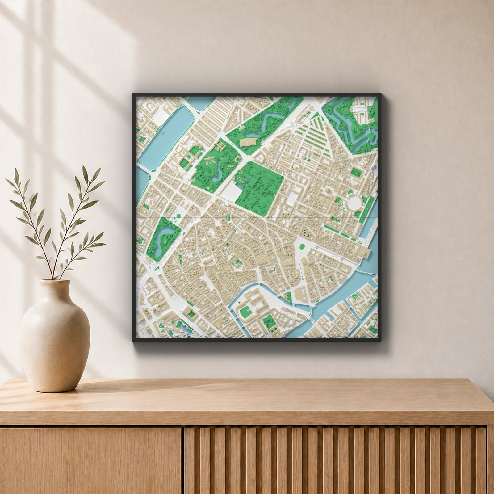 København 44 × 44 cm – færdigt 3D-bykort med beige bygninger i sort SnapFrames-ramme